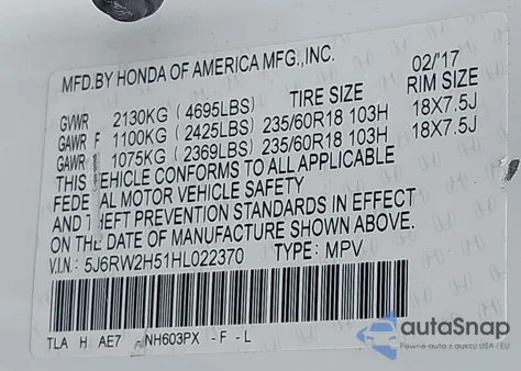 2017 Honda Cr-V Ex from USA, damaged, VIN 5J6RW2H51HL022370